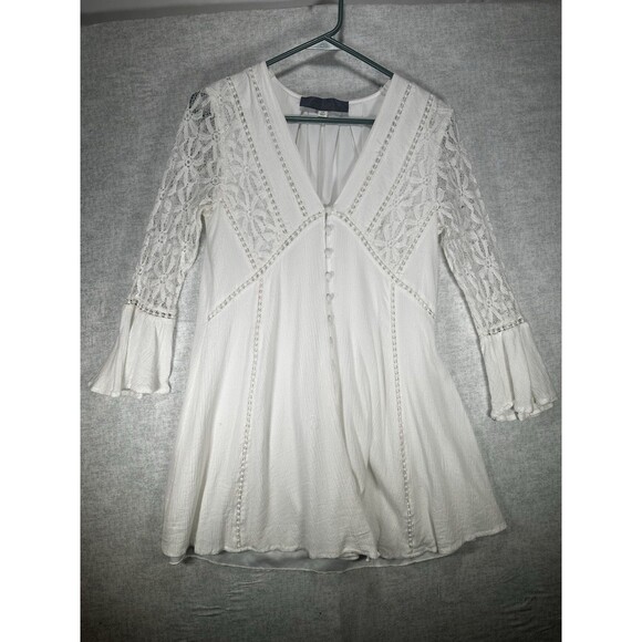 Blue Rain Boho Ivory-White Mini Dress Lace Sleeves Button Front Womens size XS - Picture 10 of 10